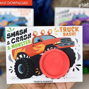 Carte-cadeau de fête d'anniversaire de Monster Truck imprimable pâte à modeler | Remplisseur de sac de butin autre que des bonbons | Support pour pâte à modeler Monster Truck Party Favor