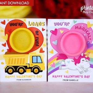 Valentines spielen Knete Halter | Printable Class Valentinstag Geschenke | Nichtsüßigkeitsgeschenk | Bauwagen und Einhorn | Klassenzimmer Geschenk