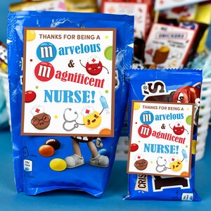 Puede incluir: Dos bolsas azules de caramelos M&M's con una peque&ntilde;a etiqueta de regalo adjunta a cada una. Las etiquetas de regalo son blancas con bordes marrones y presentan el texto "Gracias por ser una enfermera maravillosa y magn&iacute;fica!" con un personaje de dibujos animados de enfermera en cada etiqueta.