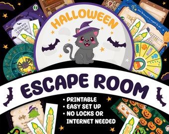 May include: A printable Halloween escape room game with a black cat wearing a witch's hat and the text "HALLOWEEN ESCAPE ROOM". The game includes a variety of activities, such as a spinner, a word search, and a puzzle.