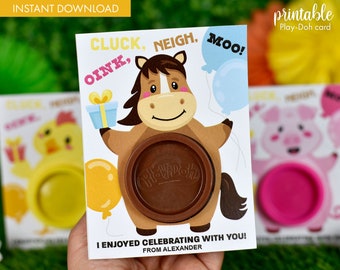 Printable Farm Animals Birthday Party Play Dough Gift Card Favor | Non-candy Party Loot Bag Filler | Farmyard Party Favor Play Dough Holder