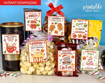 May include: A collection of Christmas treat tags with various designs, including gingerbread men, a cocoa mug, and a popcorn character. The tags feature festive text like "Merry Christmas" and "Sweet Holiday Season!" The words "Instant Download" and "Printable Treat Tags" are also visible.