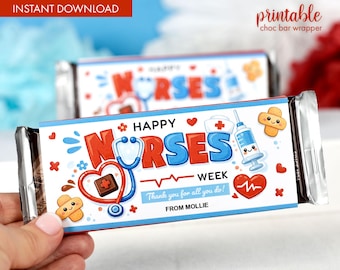 Envoltorio de chocolate imprimible para la Semana de la Enfermería, envoltorio de barra de chocolate para agradecer a las enfermeras, regalo de agradecimiento por receta médica, descarga en PDF