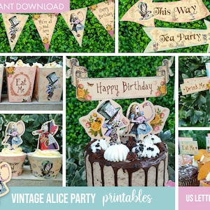 Printable Vintage Alice in Wonderland Party Package | Digital Downloads Mad Hatters Tea Party Decor | Alice in Wonderland Birthday Party US