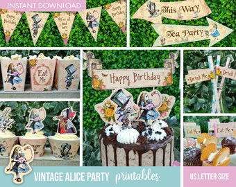 Printable Vintage Alice in Wonderland Party Package | Digital Downloads Mad Hatters Tea Party Decor | Alice in Wonderland Birthday Party US