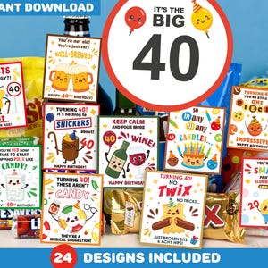 Druckbare 40. Geburtstag Geburtstag Tags | Candy Gramm | Lustiges Geschenk zum 40. Geburtstag | Schokolade Tags | DIY Geschenkkorb 40 Geburtstag | 40er Jahre Geschenkideen