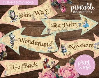 Printable Vintage Alice in Wonderland Party Arrow Signs | Alice in Wonderland Decorations | Instant Download | Vintage Mad Hatter Decor