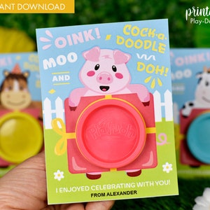 Carte-cadeau imprimable de pâte à modeler pour fête d'anniversaire à la ferme | Remplisseur de sac de fête sans bonbons | Support pour pâte à modeler Farmyard Party Favour