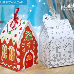 Afdrukbare Gingerbread House-cadeaudoos | Gekleurde peperkoekhuisdoos | Kerstcadeaudoos | Afdrukbare sjabloon kerstdoos |