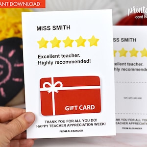Porta-cartão-presente de agradecimento ao professor para impressão | Cartão de agradecimento personalizado ao professor | Avaliação do cartão da semana de agradecimento ao professor para impressão Star