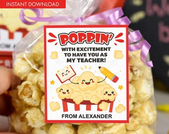 Cadeaukaartje voor terug naar school popcorn: afdrukbare docententraktatie (pdf-download)