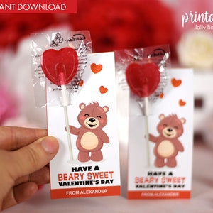 Valentinstag druckbare Lollipop-Etiketten | Klassenkameraden Geschenk | Teddy Valentinstag Lolly Anhänger | Klassenzimmer Favor Lollipop Halter | Klassenzimmer Geschenk