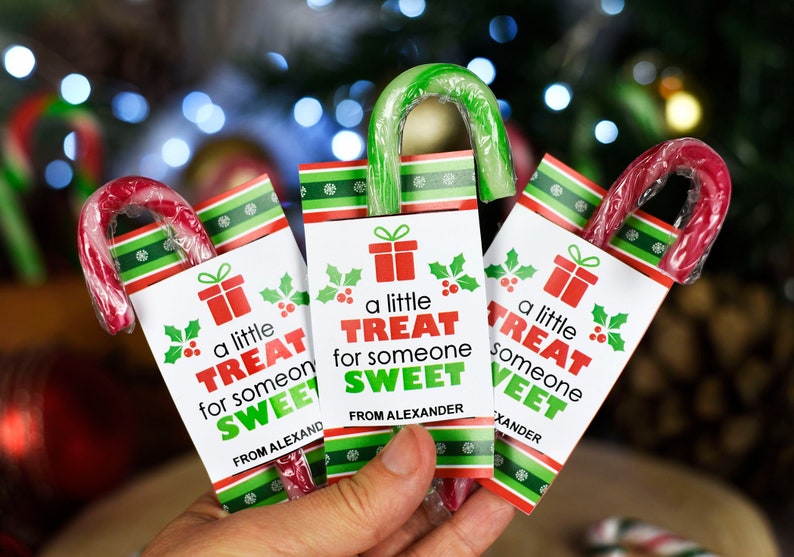Pu&ograve; includere: Tre etichette regalo a forma di bastoncino di zucchero rosso e verde con il testo "a little treat for someone sweet" e "from Alexander".