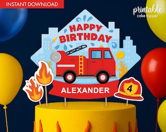 Fire Truck Cake Topper: Firefighter Birthday Party Decoration (digital