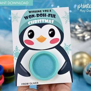 Tarjeta de regalo navideña con plastilina para imprimir Regalos para las fiestas de la clase Regalo sin dulces Regalo pequeño Mini obsequio con plastilina para hacer usted mismo con pingüino azul Recuerdo para el aula