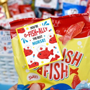 Puede incluir: Una bolsa roja y amarilla de caramelos de pescado gomoso con una etiqueta que dice "You're O-Fish-Ally the Best Nurse!" La etiqueta tiene un pez de dibujos animados con un gorro de enfermera.
