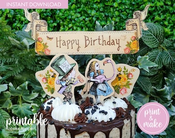 Vintage Alice in Wonderland Cake Topper |  Printable Alice in Wonderland party cake decoration | Mad Hatters Tea Party vintage cake