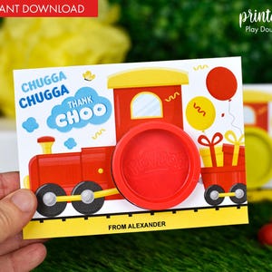 Tarjeta de regalo imprimible con plastilina para fiesta de cumpleaños con forma de tren, obsequio para fiesta, relleno para bolsa de fiesta sin dulces, soporte para plastilina con forma de tren para fiesta