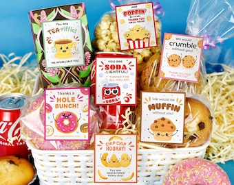 May include: A gift basket filled with treats and pun-filled cards. The basket includes popcorn, donuts, muffins, and a soda can. Cards feature phrases like "Tea-riffic!" and "Thanks a Hole Bunch!" with cute illustrations.