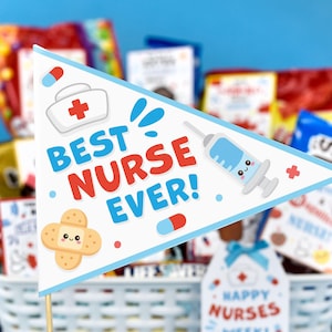 Puede incluir: Una bandera azul y blanca con el texto "Best Nurse Ever!" en letras rojas y azules. La bandera tiene una cruz roja, una venda con una cara sonriente y una jeringa con una cara sonriente. La bandera est&aacute; delante de una cesta llena de aperitivos.