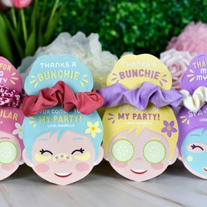 K&ouml;nnte beinhalten: Vier Party-Gef&auml;lligkeiten zum Thema Spa mit Scrunchies. Jede Gef&auml;lligkeit zeigt ein Cartoon-Gesicht-Design mit Gurkenscheiben, Augenpflastern und Gesichtsmasken. Der Text enth&auml;lt "Danke, dass du meine Party gemacht hast" und "Spa-tacular."