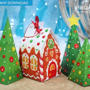 Selbst ausdruckbare Weihnachts-Lebkuchen-Haus-Box und Weihnachtsbaum-Geschenkbox | Weihnachtsbaum Box Druckbare Vorlage | Weihnachts-Geschenk-Box
