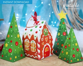 Printable Christmas Gingerbread House Box and Christmas Tree gift box | Christmas tree box printable template | Christmas gift box