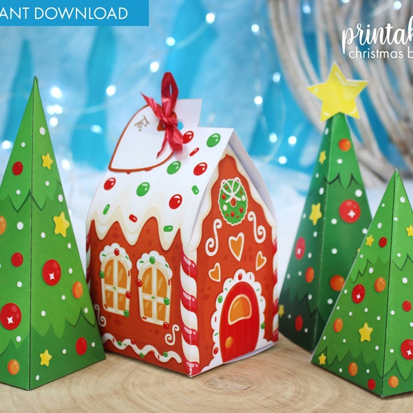 Ausdruckbare Weihnachts-Lebkuchenhaus-Box und Weihnachtsbaum-Geschenkbox | Weihnachtsbaum Box Vorlage zum Ausdrucken | Weihnachtsgeschenkbox