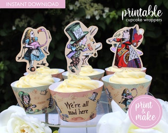 Vintage Alice in Wonderland Cupcake Wrappers |  Printable Alice in Wonderland party cupcakes | Mad Hatters Tea Party vintage cupcake wraps