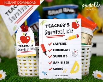 May include: Printable Teacher's Survival Kit gift basket with a red apple, a pencil, a cupcake, a ruler, and a hand sanitizer bottle. The basket is filled with items that are essential for teachers, such as caffeine, chocolate, supplies, and carbs. The gift tag says "Teacher's Survival Kit" and "Love Alexander".