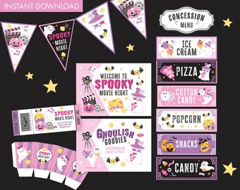 May include: A set of printable Halloween party decorations featuring a spooky movie night theme. The decorations include banners, tickets, concession signs, and food labels. The design features ghosts, pumpkins, and bats in pink, purple, and black.