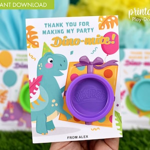 Favor de cartão de presente Play-Doh para festa de aniversário de dinossauro imprimível | Enchimento de saco de festa sem doces | lembrancinha de festa bonito do dinossauro | Suporte para jogar Doh