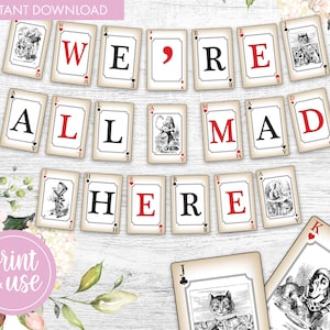 Mad Hatters Tea Party Classic Bunting | We&#39;re All Mad Here | Alice in Wonderland Decor | Banner Decoration | Mad Hatter Bunting | PDFs