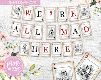 Mad Hatters Tea Party Classic Bunting | We&#39;re All Mad Here | Alice in Wonderland Decor | Banner Decoration | Mad Hatter Bunting | PDFs