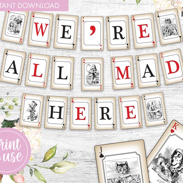 Mad Hatters Tea Party Classic Bunting | We're All Mad Here | Alice in Wonderland Decor | Banner Decoration | Mad Hatter Bunting | PDFs