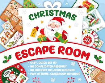 May include: A Christmas-themed escape room game with a red and white banner that says "Christmas Escape Room". The game features a cartoon Santa Claus holding a gift, a Christmas tree, and various other festive elements. The text on the banner also says "Easy, Quick Set Up, No Complicated Assembly, No Internet or Locks Required, Play at Home, Classroom or Group".