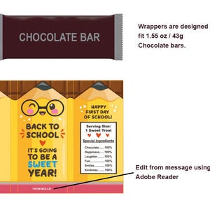 Op de afbeelding: Een chocoladereepverpakking met de tekst "CHOCOLATE BAR" in wit op een donkerbruine achtergrond. Daaronder een geel potloodvormig ontwerp met de tekst "BACK TO SCHOOL" en "IT'S GOING TO BE A SWEET YEAR!"