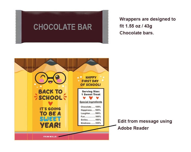 Op de afbeelding: Een chocoladereepverpakking met de tekst "CHOCOLATE BAR" in wit op een donkerbruine achtergrond. Daaronder een geel potloodvormig ontwerp met de tekst "BACK TO SCHOOL" en "IT'S GOING TO BE A SWEET YEAR!"
