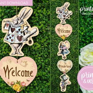 Decoração de festa vintage Alice no país das maravilhas | Sinal de boas-vindas para impressão | Decoração Alice no País das Maravilhas | Placa de boas-vindas para decoração de festa de chá dos Chapeleiros Malucos