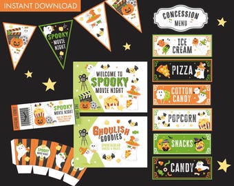 May include: Printable Halloween party decorations featuring a spooky movie night theme. The set includes a banner, ticket, concession menu, and other signs with cute ghost and pumpkin illustrations. The text includes "Spooky Movie Night", "Concession Menu", "Ice Cream", "Pizza", "Cotton Candy", "Popcorn", "Snacks", and "Candy".