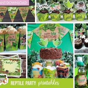 Paquete de fiesta imprimible para reptiles / Descargas digitales / Decoración para fiestas de reptiles / Imprimibles para fiestas de cumpleaños de reptiles
