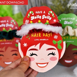 Druckbare Weihnachten Scrunchie Halter Favor | Weihnachten Scrunchie Halter | Klassenzimmer Geschenk für Mädchen | Klassenzimmer Geschenk | 3 Hauttöne