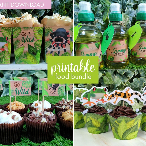 Reptile Party Printable Food Bundle | Digital Download | Reptile Party | Cupcake Wrappers | Snack Box | Food Flags | Bottle Wraps Printables