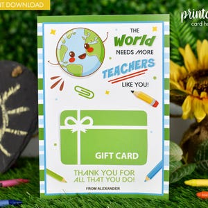 Porta-cartão-presente de agradecimento a professores para impressão | Cartão de agradecimento personalizado para professores | Cartão para impressão da Semana de Agradecimento aos Professores | Mundo