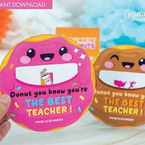 Suporte para cartão de presente de agradecimento ao professor para impressão | obrigado personalizado do professor você porta cartão | Porta-cartão de agradecimento ao professor Donut