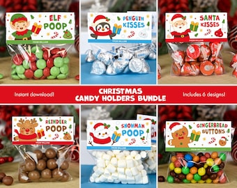 Könnte beinhalten: Sechs Designs für Weihnachtsknabbereien werden gezeigt. Jeder transparente Beutel enthält verschiedene Süßigkeiten und hat ein festliches Etikett mit Weihnachtsfiguren und Sätzen wie "Elf Poop" und "Santa Kisses". Der Text "Christmas Candy Holders Bundle" ist ebenfalls sichtbar.