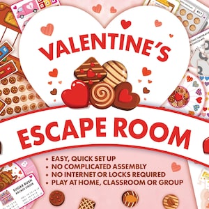 以下が含まれることがあります： バレンタインデー脱出ゲーム。ハート型のデザインで、クッキー、ハート、ゲームカードなどのゲーム要素が特徴です。「Valentine's Escape Room」というテキストと、ゲームの特徴を説明する箇条書きが含まれています。