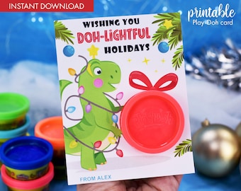 Play Dough Christmas Gift Card | Printable Class Holiday Gifts | Non-candy Gift Small Gift Dinosaur DIY Play Dough Mini Gift Classroom Favor
