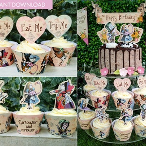 Vintage Alice in Wonderland Cake Topper and Cupcake Wrappers|  Printable Alice in Wonderland party cake decoration | Digital Download