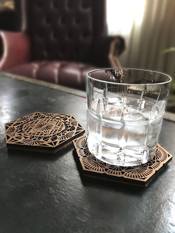 Juego de montaña rusa de madera (2) - Surtido Hexagon Geometría Sagrada Corte Láser Coasters